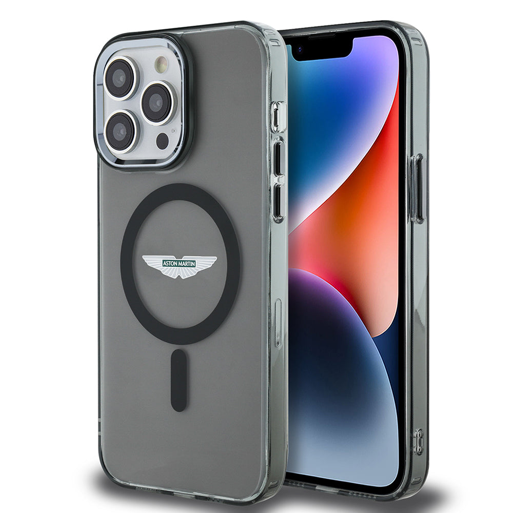 Apple iPhone 14 Pro Max Kılıf Aston Martin Orjinal Lisanslı M-safe Şarj Özellikli  IML Baskı Logolu Metal Düğmeli Kapak Siyah