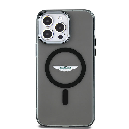 Apple iPhone 14 Pro Max Kılıf Aston Martin Orjinal Lisanslı M-safe Şarj Özellikli  IML Baskı Logolu Metal Düğmeli Kapak Siyah