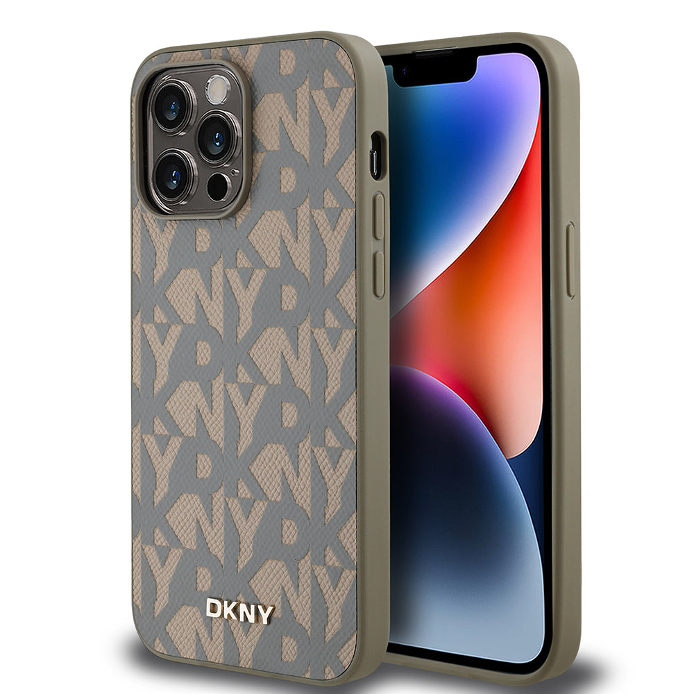Apple iPhone 14 Pro Max Kılıf DKNY Orjinal Lisanslı M-safe Şarj Özellikli 3D Yazılı Grid Pattern Kapak Kahverengi
