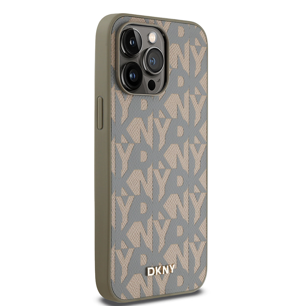 Apple iPhone 14 Pro Max Kılıf DKNY Orjinal Lisanslı M-safe Şarj Özellikli 3D Yazılı Grid Pattern Kapak Gri