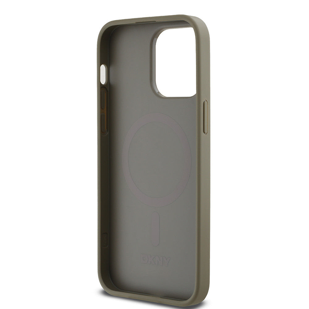 Apple iPhone 14 Pro Max Kılıf DKNY Orjinal Lisanslı M-safe Şarj Özellikli 3D Yazılı Grid Pattern Kapak Kahverengi