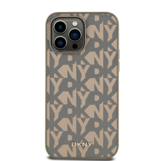 Apple iPhone 14 Pro Max Kılıf DKNY Orjinal Lisanslı M-safe Şarj Özellikli 3D Yazılı Grid Pattern Kapak Kahverengi