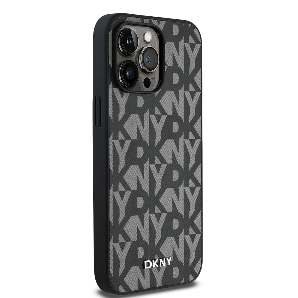 Apple iPhone 14 Pro Max Kılıf DKNY Orjinal Lisanslı M-safe Şarj Özellikli 3D Yazılı Grid Pattern Kapak Gri