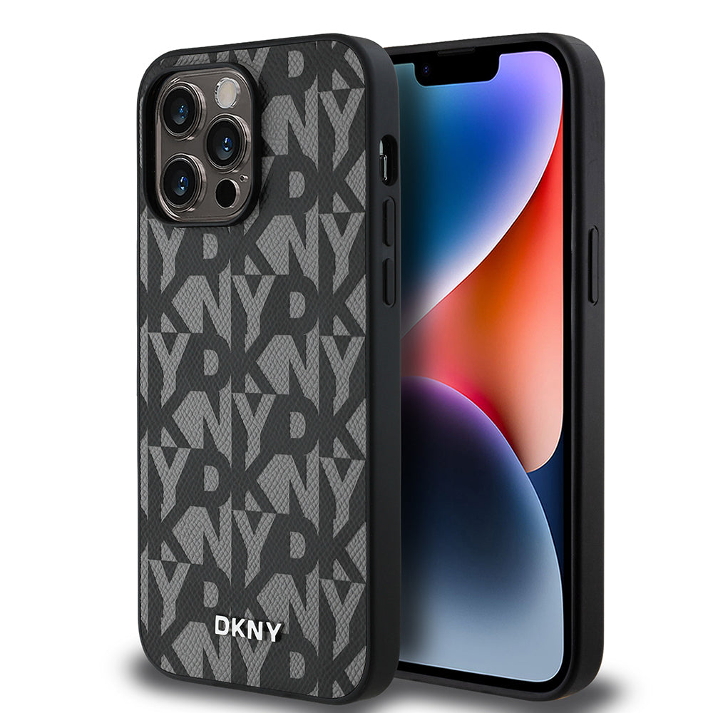 Apple iPhone 14 Pro Max Kılıf DKNY Orjinal Lisanslı M-safe Şarj Özellikli 3D Yazılı Grid Pattern Kapak Gri