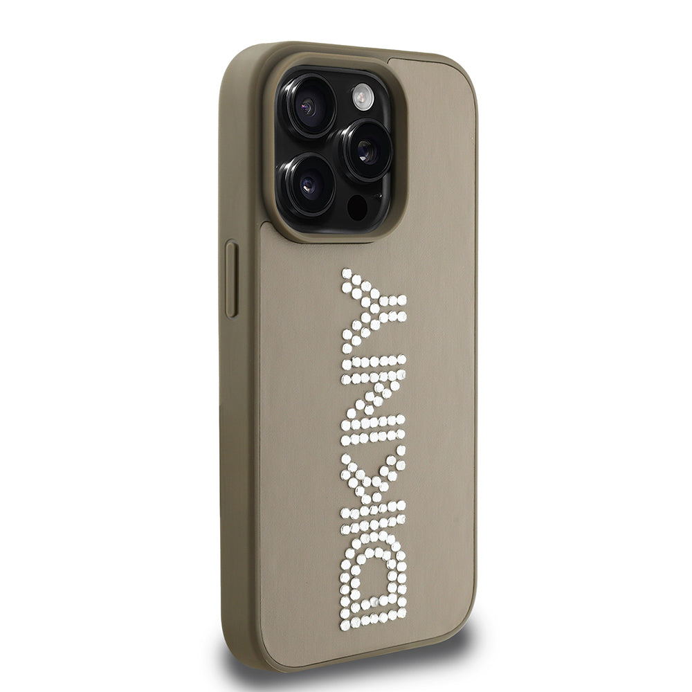 Apple iPhone 14 Pro Max Kılıf DKNY Orjinal Lisanslı Taşlı DKNY Yazılı Metalik Rhinestones PU Deri Kapak Kahverengi