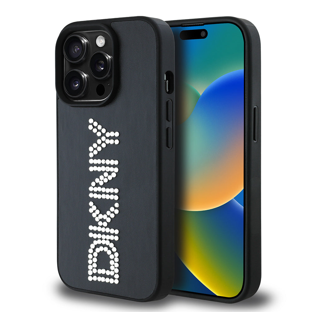 Apple iPhone 14 Pro Max Kılıf DKNY Orjinal Lisanslı Taşlı DKNY Yazılı Metalik Rhinestones PU Deri Kapak Siyah