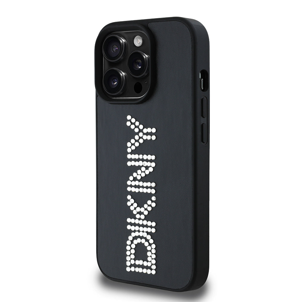 Apple iPhone 14 Pro Max Kılıf DKNY Orjinal Lisanslı Taşlı DKNY Yazılı Metalik Rhinestones PU Deri Kapak Siyah