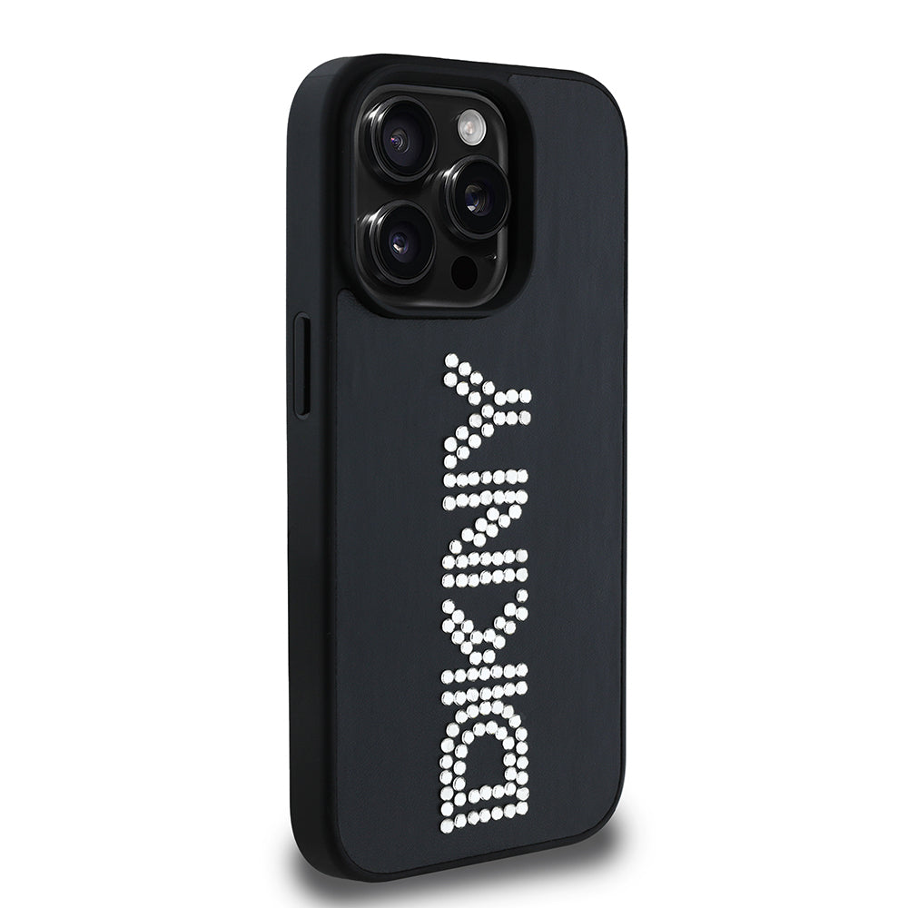 Apple iPhone 14 Pro Max Kılıf DKNY Orjinal Lisanslı Taşlı DKNY Yazılı Metalik Rhinestones PU Deri Kapak Kahverengi