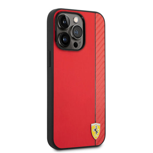 Apple iPhone 14 Pro Max Kılıf Ferrari M-safe Şarj Özellikli PU Deri Karbon Şeritli Dizayn Kapak