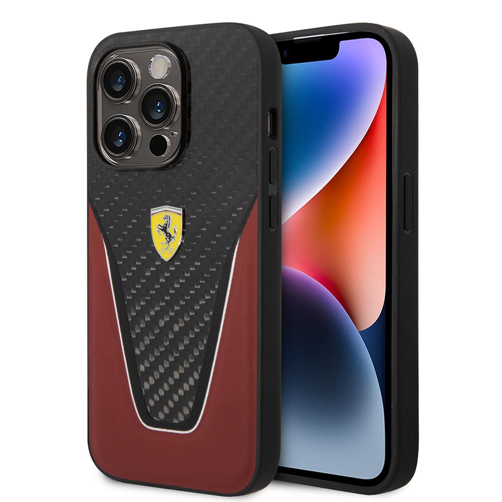 Apple iPhone 14 Pro Max Kılıf Ferrari Orjinal Lisanlı Klasik Metal Logolu Karbon V Desenli Kapak