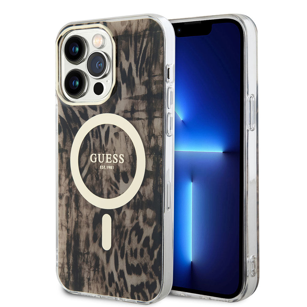Apple iPhone 14 Pro Max Kılıf GUESS M-safe Şarj Özellikli Leopar Desenli Kapak