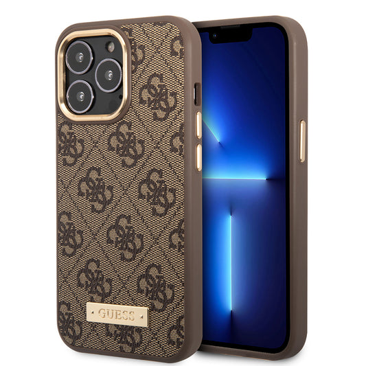Apple iPhone 14 Pro Max Kılıf Guess Orjinal Lisanslı M-safe Şarj Özellikli 4G Desenli PU Metal Plaka Klasik Logolu Kapak Siyah