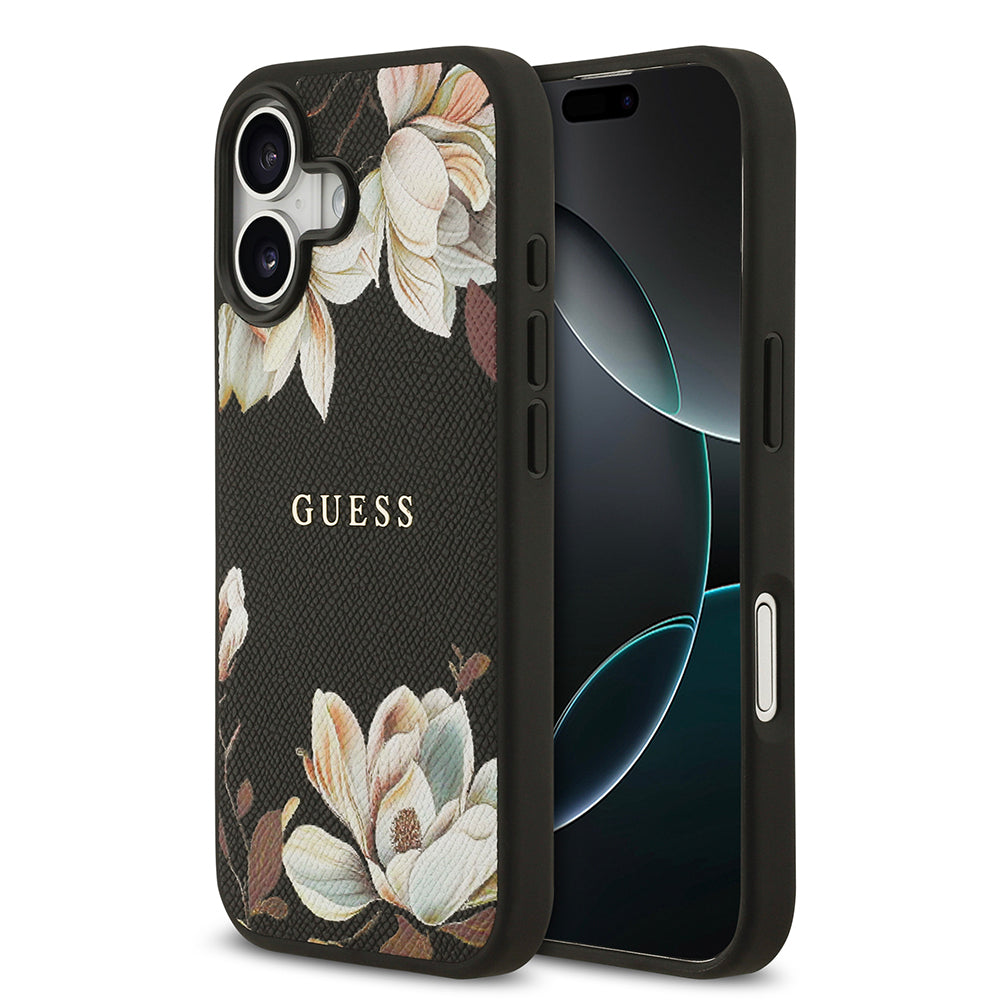 Apple iPhone 17 Kılıf Guess Orjinal Lisanslı M-safe Şarj Özellikli Taneli Çiçek Tasarımlı Metal Yazı Logolu Kapak Pembe