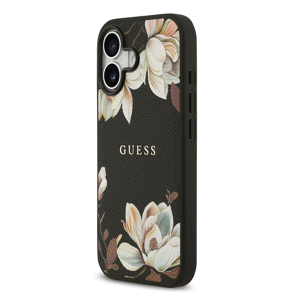 Apple iPhone 17 Kılıf Guess Orjinal Lisanslı M-safe Şarj Özellikli Taneli Çiçek Tasarımlı Metal Yazı Logolu Kapak Pembe