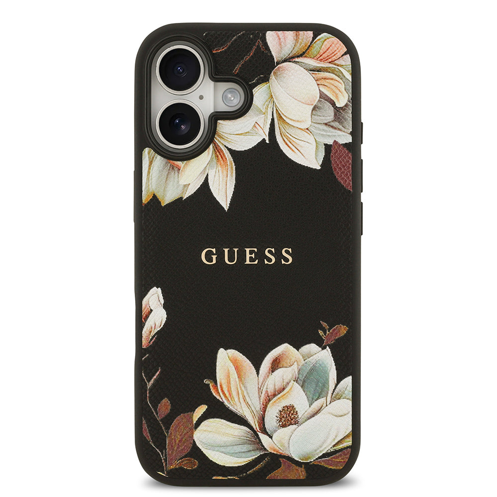 Apple iPhone 17 Kılıf Guess Orjinal Lisanslı M-safe Şarj Özellikli Taneli Çiçek Tasarımlı Metal Yazı Logolu Kapak Pembe