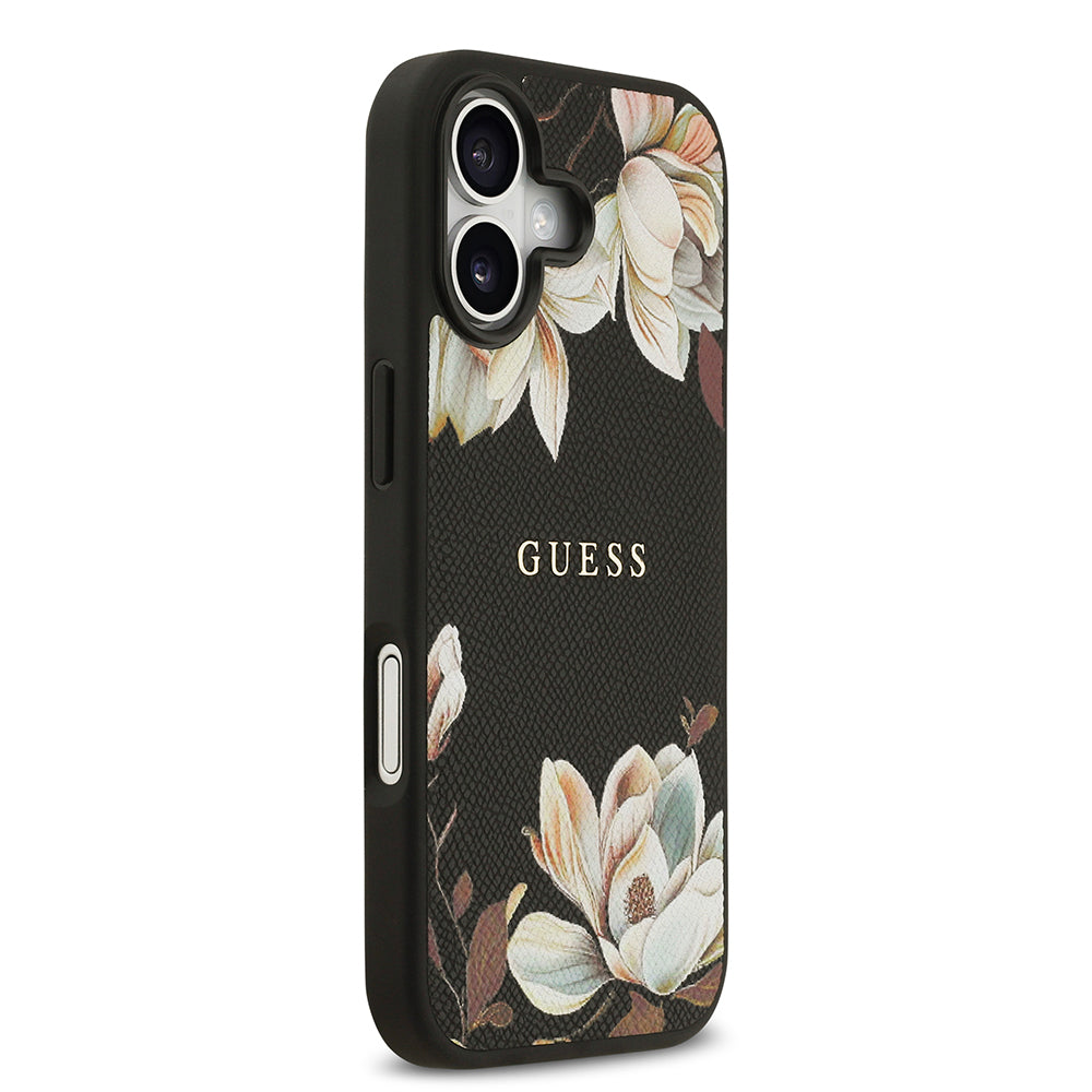 Apple iPhone 17 Kılıf Guess Orjinal Lisanslı M-safe Şarj Özellikli Taneli Çiçek Tasarımlı Metal Yazı Logolu Kapak Pembe