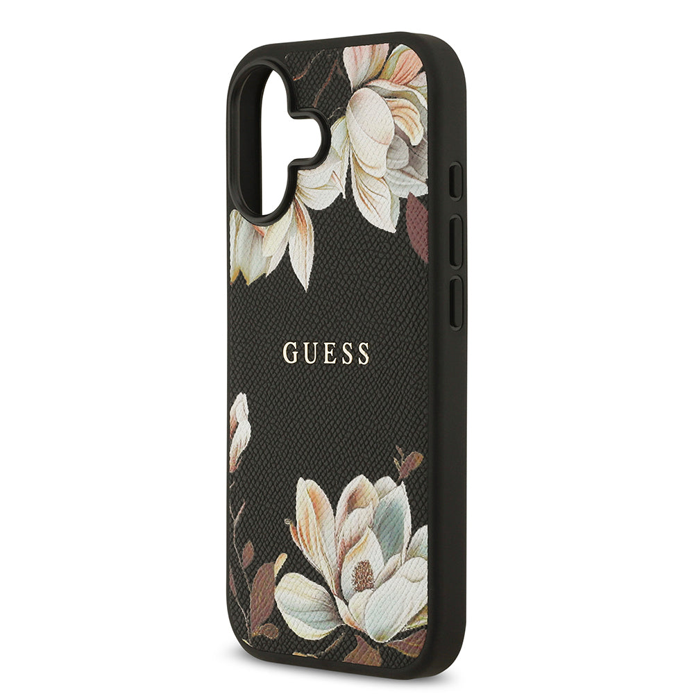 Apple iPhone 17 Kılıf Guess Orjinal Lisanslı M-safe Şarj Özellikli Taneli Çiçek Tasarımlı Metal Yazı Logolu Kapak Pembe