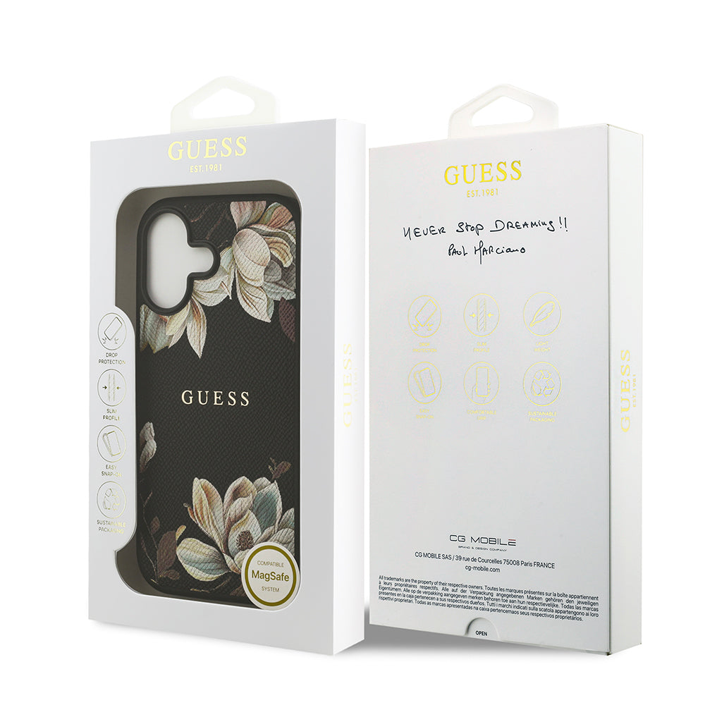 Apple iPhone 17 Kılıf Guess Orjinal Lisanslı M-safe Şarj Özellikli Taneli Çiçek Tasarımlı Metal Yazı Logolu Kapak Pembe