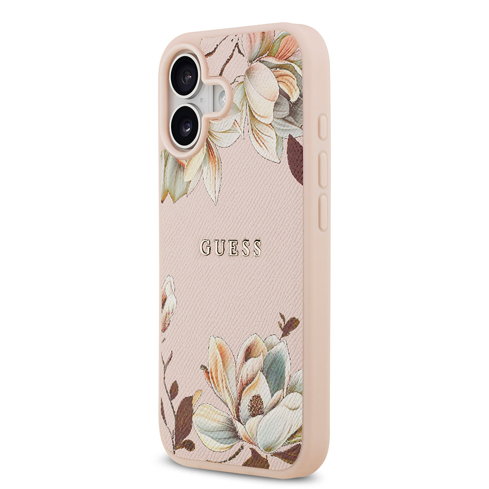 Apple iPhone 17 Kılıf Guess Orjinal Lisanslı M-safe Şarj Özellikli Taneli Çiçek Tasarımlı Metal Yazı Logolu Kapak Siyah
