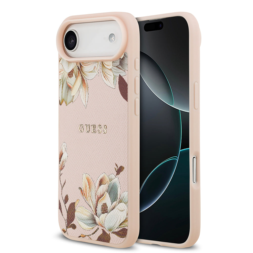 Apple iPhone 17 Air Kılıf Guess Orjinal Lisanslı M-safe Şarj Özellikli Taneli Çiçek Tasarımlı Metal Yazı Logolu Kapak Siyah