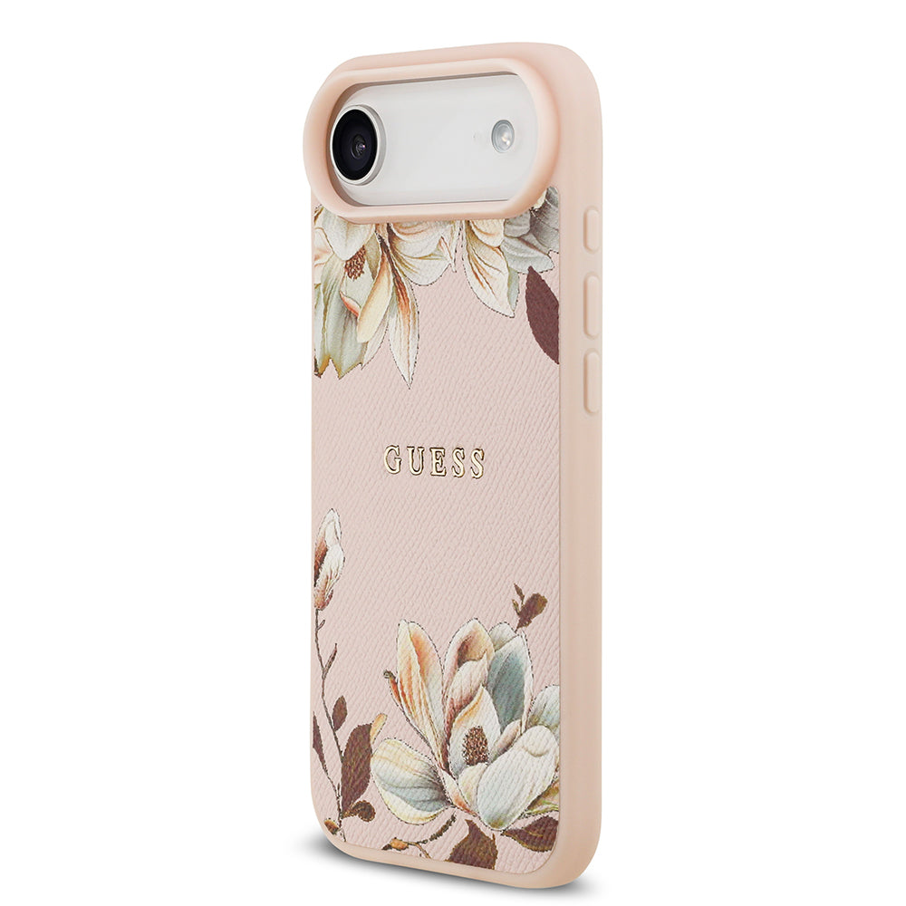 Apple iPhone 17 Air Kılıf Guess Orjinal Lisanslı M-safe Şarj Özellikli Taneli Çiçek Tasarımlı Metal Yazı Logolu Kapak Siyah