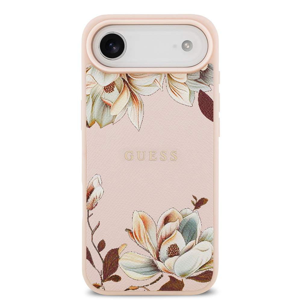 Apple iPhone 17 Air Kılıf Guess Orjinal Lisanslı M-safe Şarj Özellikli Taneli Çiçek Tasarımlı Metal Yazı Logolu Kapak Siyah