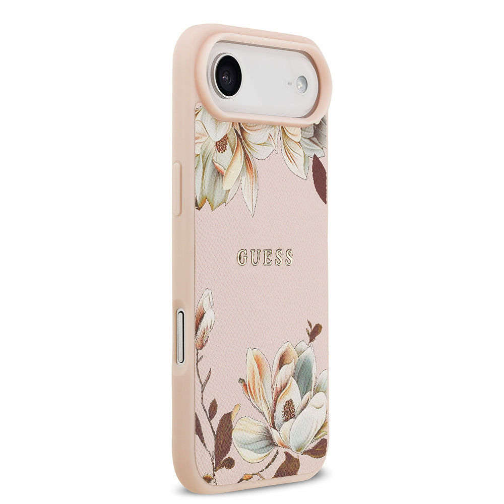 Apple iPhone 17 Air Kılıf Guess Orjinal Lisanslı M-safe Şarj Özellikli Taneli Çiçek Tasarımlı Metal Yazı Logolu Kapak Siyah