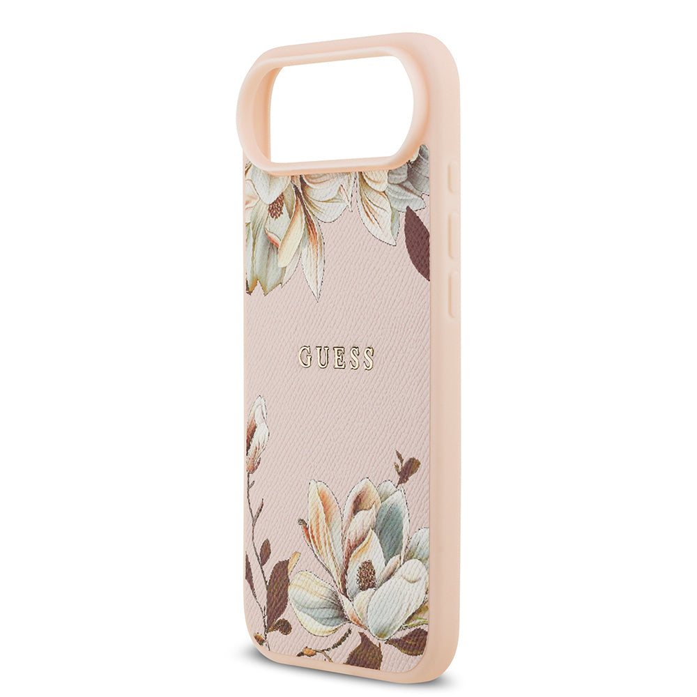 Apple iPhone 17 Air Kılıf Guess Orjinal Lisanslı M-safe Şarj Özellikli Taneli Çiçek Tasarımlı Metal Yazı Logolu Kapak Pembe