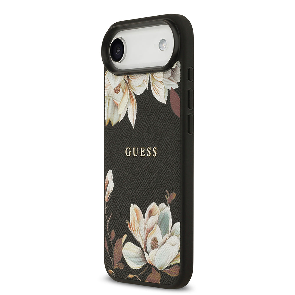Apple iPhone 17 Air Kılıf Guess Orjinal Lisanslı M-safe Şarj Özellikli Taneli Çiçek Tasarımlı Metal Yazı Logolu Kapak Pembe
