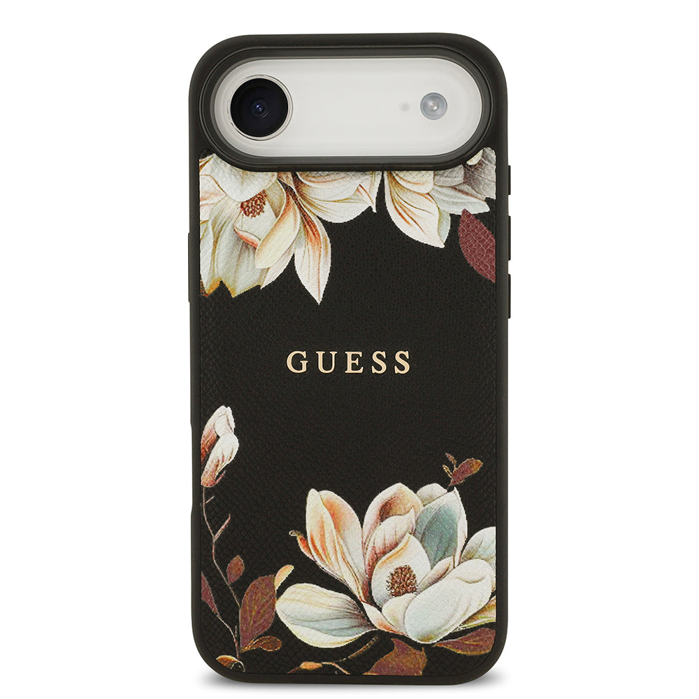 Apple iPhone 17 Air Kılıf Guess Orjinal Lisanslı M-safe Şarj Özellikli Taneli Çiçek Tasarımlı Metal Yazı Logolu Kapak Pembe