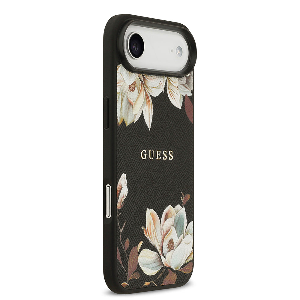 Apple iPhone 17 Air Kılıf Guess Orjinal Lisanslı M-safe Şarj Özellikli Taneli Çiçek Tasarımlı Metal Yazı Logolu Kapak Pembe