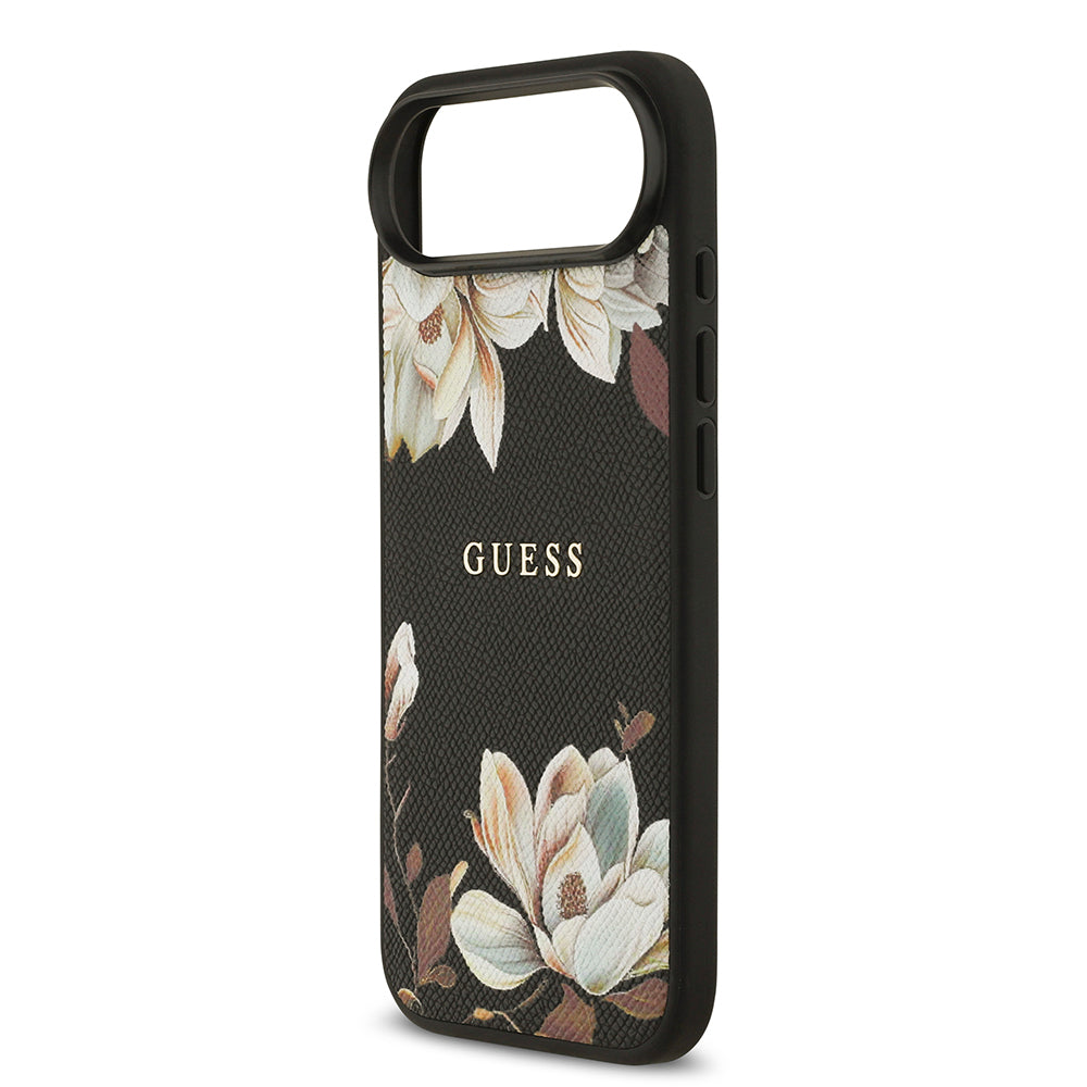 Apple iPhone 17 Air Kılıf Guess Orjinal Lisanslı M-safe Şarj Özellikli Taneli Çiçek Tasarımlı Metal Yazı Logolu Kapak Pembe