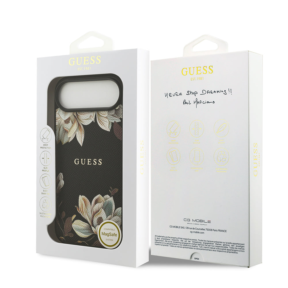 Apple iPhone 17 Air Kılıf Guess Orjinal Lisanslı M-safe Şarj Özellikli Taneli Çiçek Tasarımlı Metal Yazı Logolu Kapak Pembe