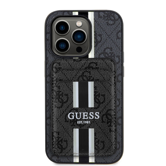 Apple iPhone 14 Pro Max Kılıf Guess Orjinal Lisanslı M-safe Şarj Özellikli 4G Desenli Çizgili Kartlıklı Kapak Siyah