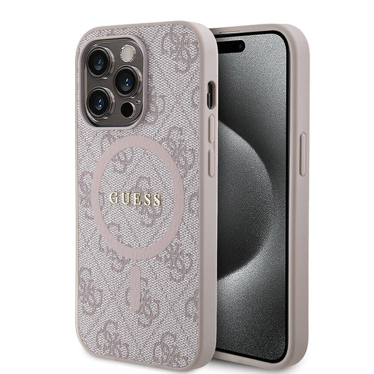 Apple iPhone 14 Pro Max Kılıf Guess Orjinal Lisanslı M-safe Şarj Özellikli PU Halkalı 4G Desenli Yazı Logolu Kapak