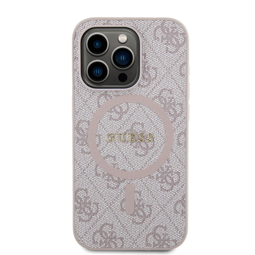 Apple iPhone 14 Pro Max Kılıf Guess Orjinal Lisanslı M-safe Şarj Özellikli PU Halkalı 4G Desenli Yazı Logolu Kapak