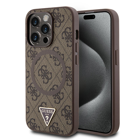 Apple iPhone 14 Pro Max Kılıf Guess Orjinal Lisanslı M-safe Şarj Özellikli PU Üçgen Logo 4G Desenli Kapak