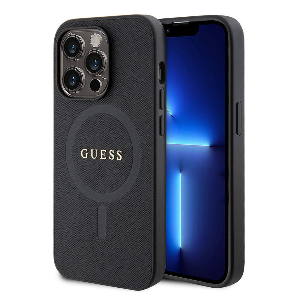 Apple iPhone 14 Pro Max Kılıf Guess Orjinal Lisanslı M-safe Şarj Özellikli Yazı Logolu Saffiano Kapak