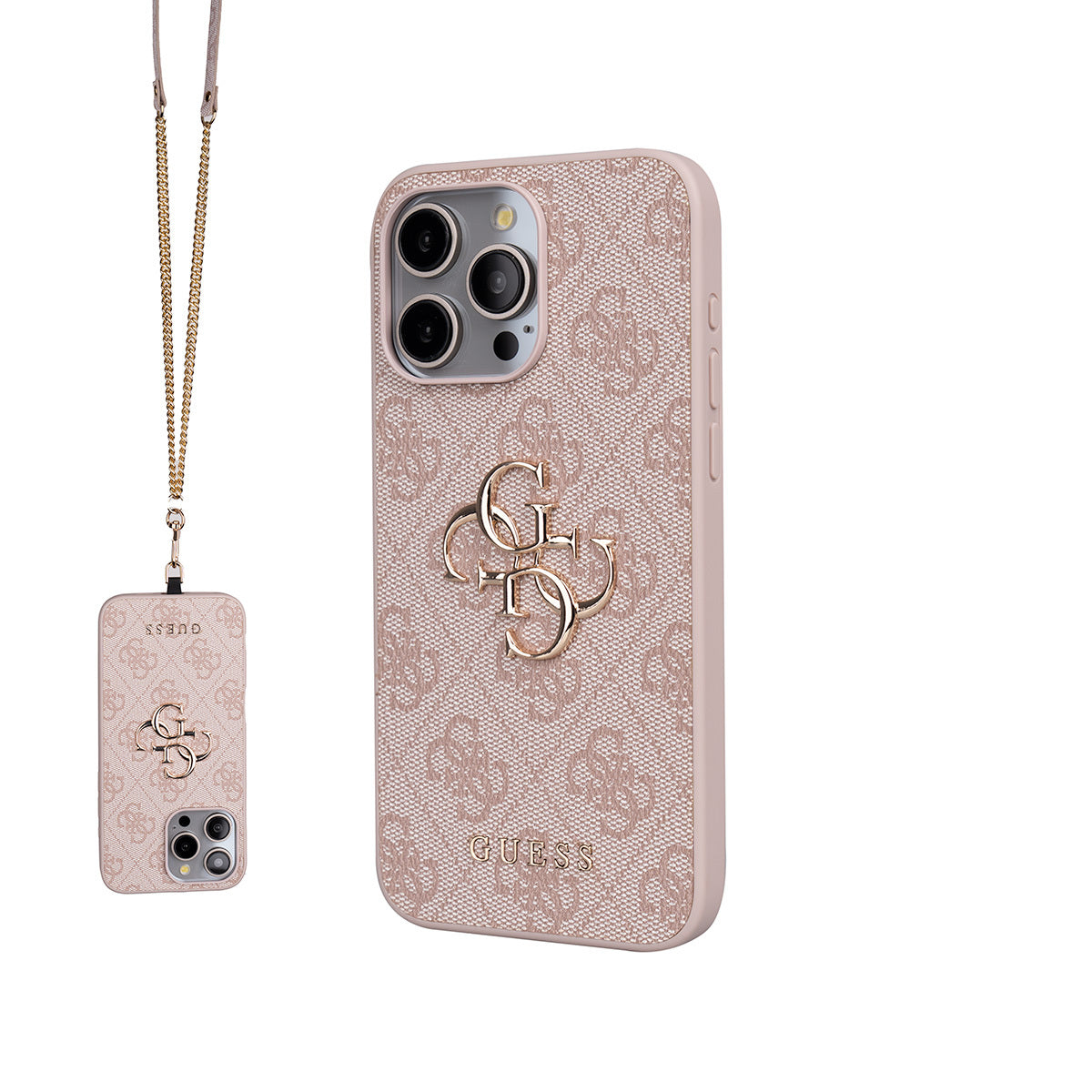 Apple iPhone 14 Pro Max Kılıf Guess Orjinal Lisanslı PU Deri 4G Büyük Metal Logolu Çapraz Vücut Askılı Kapak Pembe