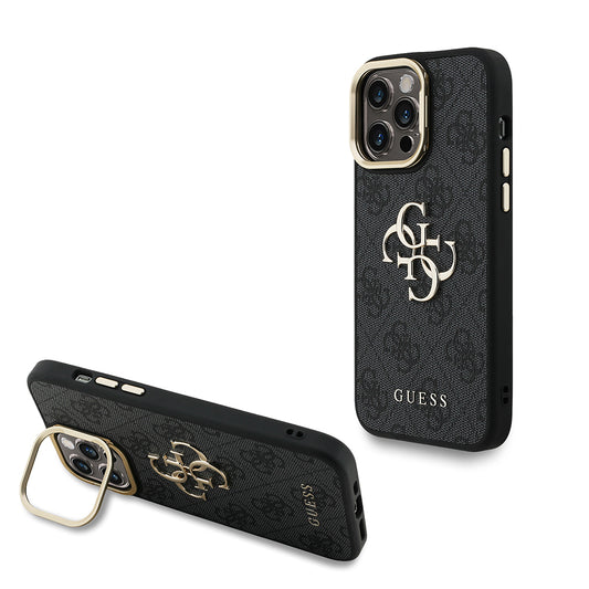Apple iPhone 14 Pro Max Kılıf Guess Orjinal Lisanslı PU Deri 4G Desenli Metal Büyük 4G ve Yazı Logolu Kamera Standlı Kapak Mavi