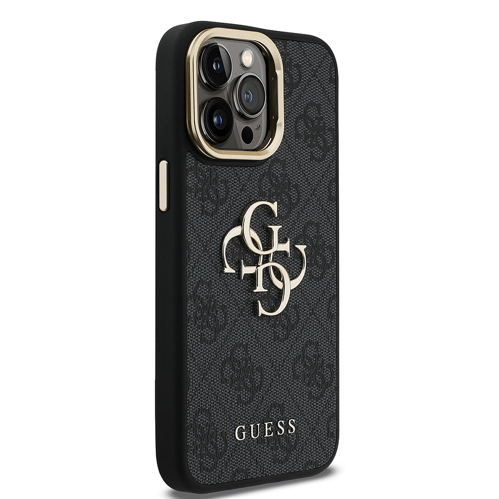 Apple iPhone 14 Pro Max Kılıf Guess Orjinal Lisanslı PU Deri 4G Desenli Metal Büyük 4G ve Yazı Logolu Kamera Standlı Kapak Siyah