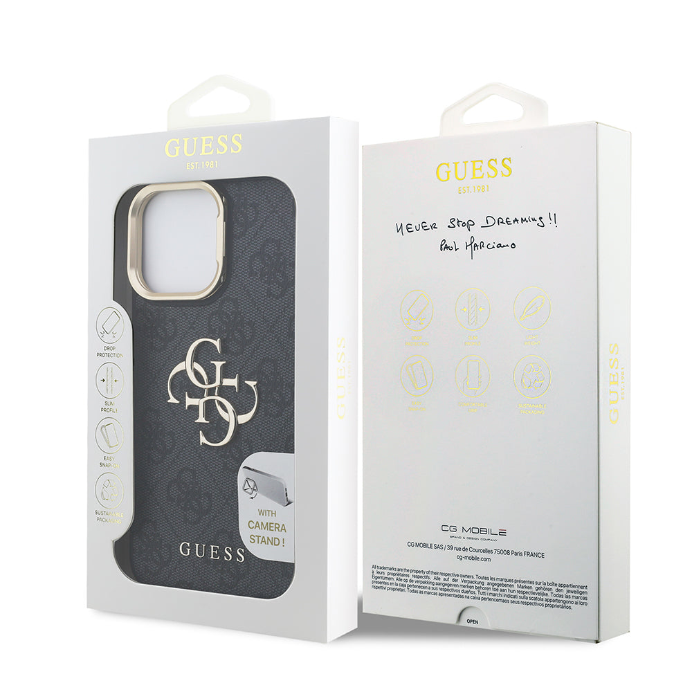 Apple iPhone 14 Pro Max Kılıf Guess Orjinal Lisanslı PU Deri 4G Desenli Metal Büyük 4G ve Yazı Logolu Kamera Standlı Kapak Kahverengi