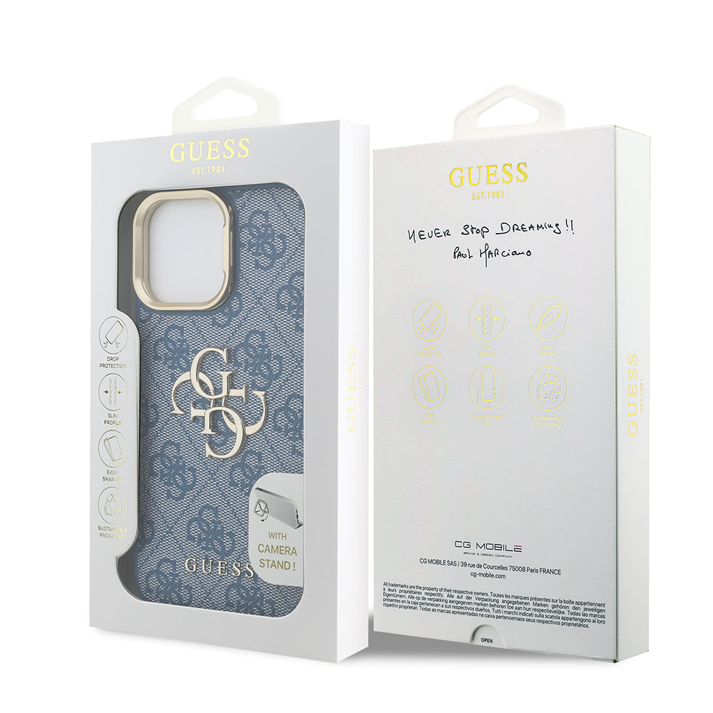 Apple iPhone 14 Pro Max Kılıf Guess Orjinal Lisanslı PU Deri 4G Desenli Metal Büyük 4G ve Yazı Logolu Kamera Standlı Kapak Kahverengi