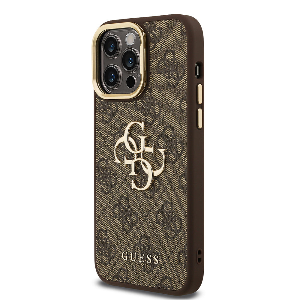 Apple iPhone 14 Pro Max Kılıf Guess Orjinal Lisanslı PU Deri 4G Desenli Metal Büyük 4G ve Yazı Logolu Kamera Standlı Kapak Pembe