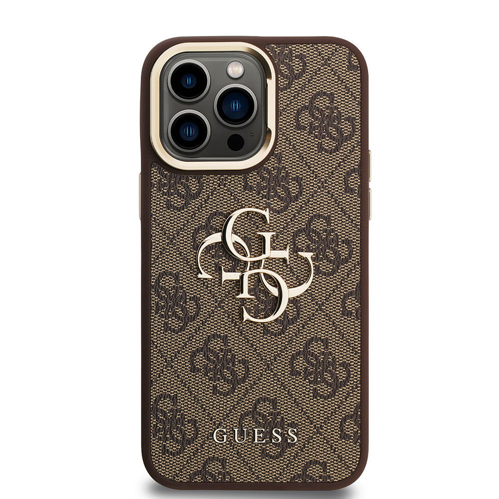 Apple iPhone 14 Pro Max Kılıf Guess Orjinal Lisanslı PU Deri 4G Desenli Metal Büyük 4G ve Yazı Logolu Kamera Standlı Kapak Kahverengi
