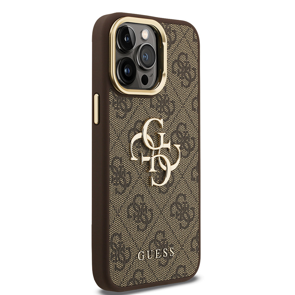 Apple iPhone 14 Pro Max Kılıf Guess Orjinal Lisanslı PU Deri 4G Desenli Metal Büyük 4G ve Yazı Logolu Kamera Standlı Kapak Kahverengi