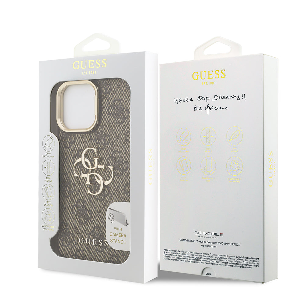 Apple iPhone 14 Pro Max Kılıf Guess Orjinal Lisanslı PU Deri 4G Desenli Metal Büyük 4G ve Yazı Logolu Kamera Standlı Kapak Pembe