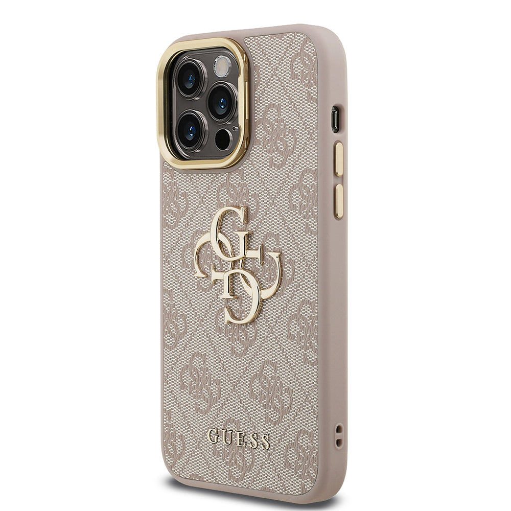 Apple iPhone 14 Pro Max Kılıf Guess Orjinal Lisanslı PU Deri 4G Desenli Metal Büyük 4G ve Yazı Logolu Kamera Standlı Kapak Kahverengi
