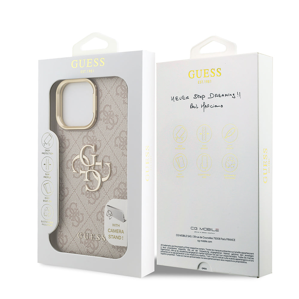 Apple iPhone 14 Pro Max Kılıf Guess Orjinal Lisanslı PU Deri 4G Desenli Metal Büyük 4G ve Yazı Logolu Kamera Standlı Kapak Siyah