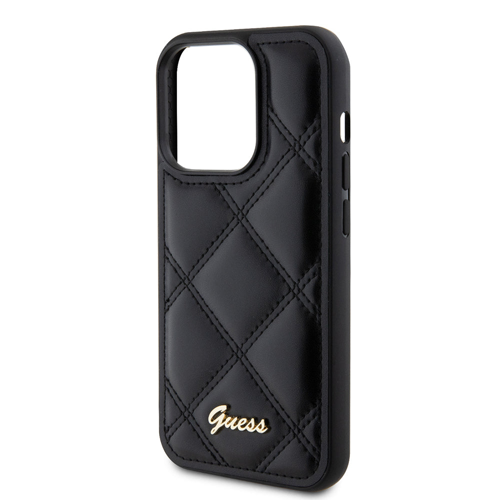 Apple iPhone 14 Pro Max Kılıf Guess Orjinal Lisanslı PU Deri Metal Yazı Logolu Kapitone Kapak Siyah
